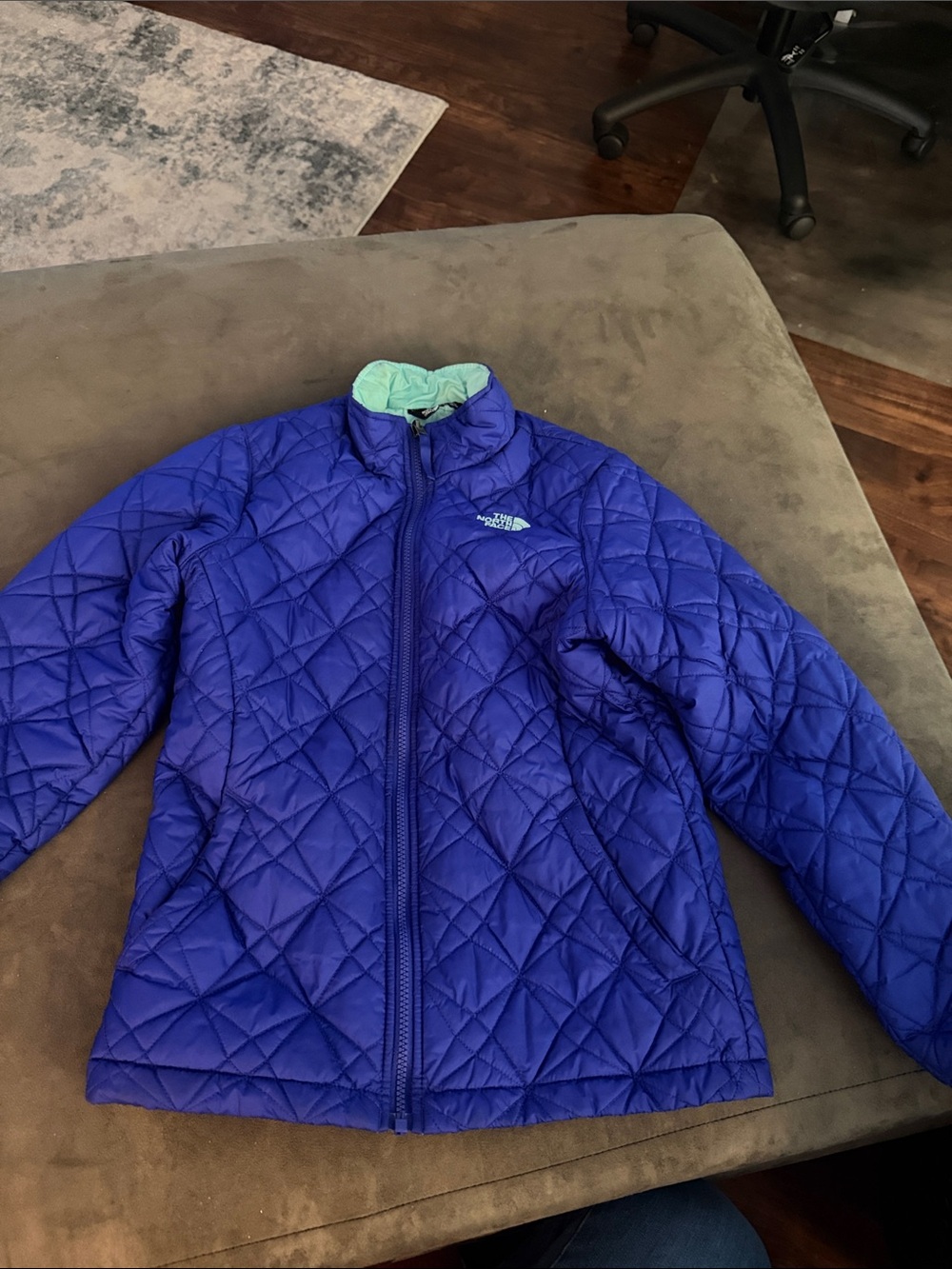 The North Face Girls' Quilted Royal Blue Puffer Jacket with Mint Collar